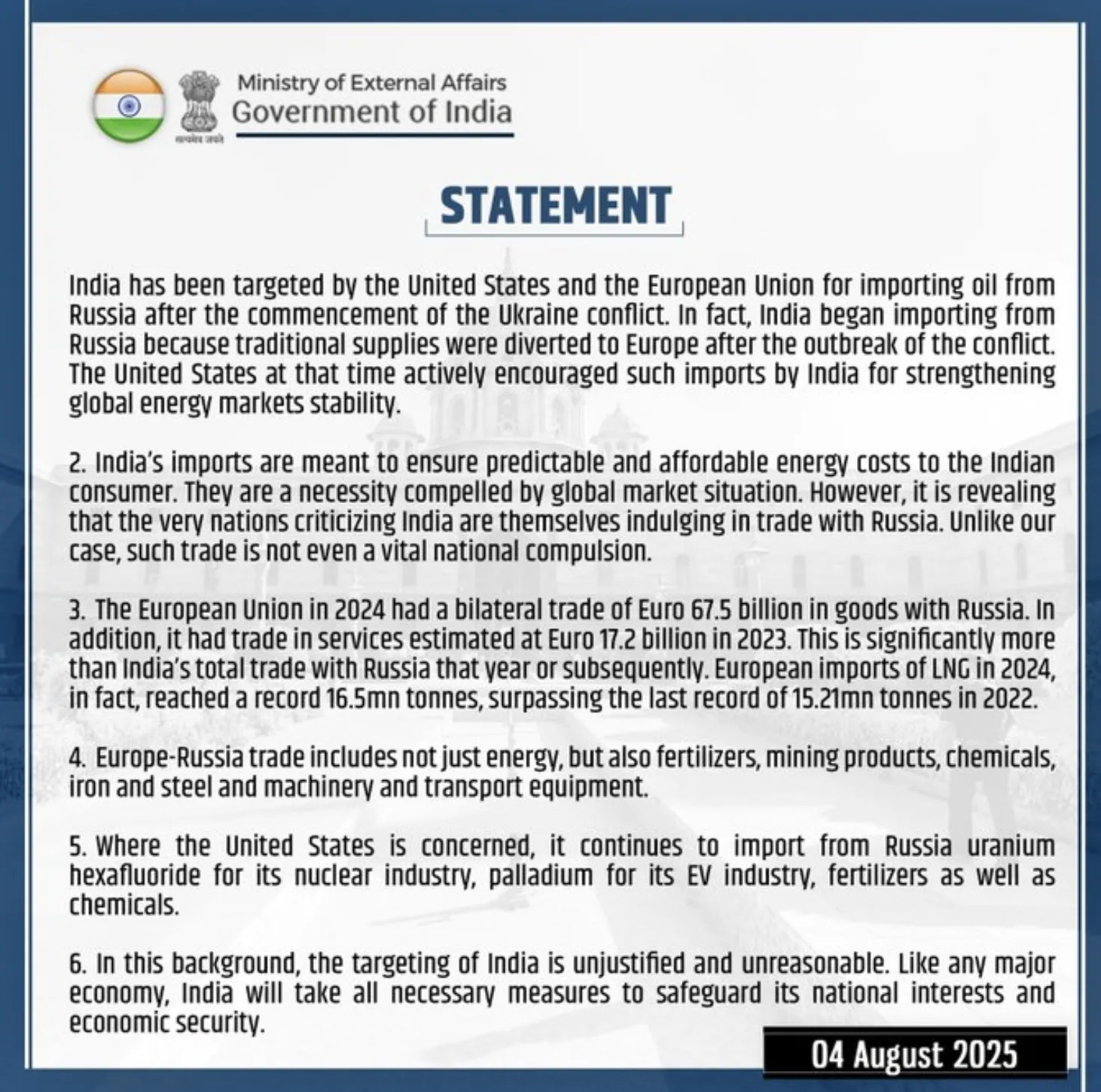 Indian Ministry of External Affairs stated that India will take all necessary measures to safeguard its national interests and national security.