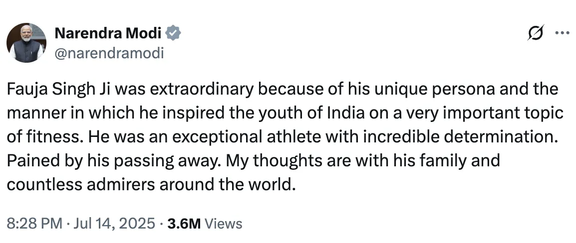 PM Narendra Modi tweet about Fauja Singh