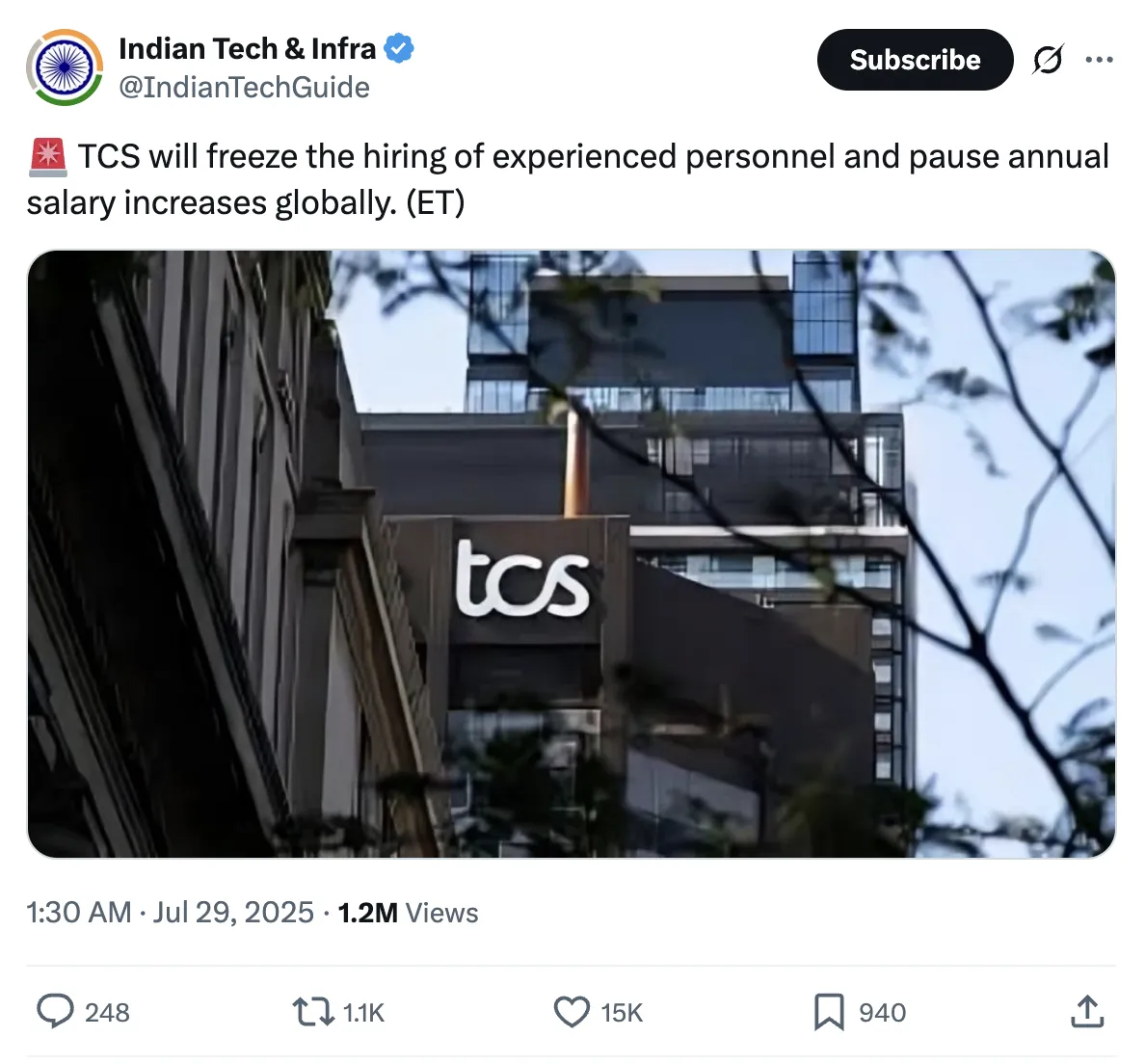 TCS will freeze the hiring of experienced personnel and pause annual salary increases globally. X post by @IndianTechGuide