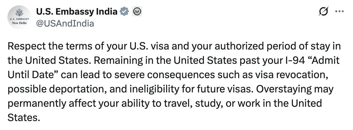 The United States Embassy in India has issued a stern advisory to Indian travelers.